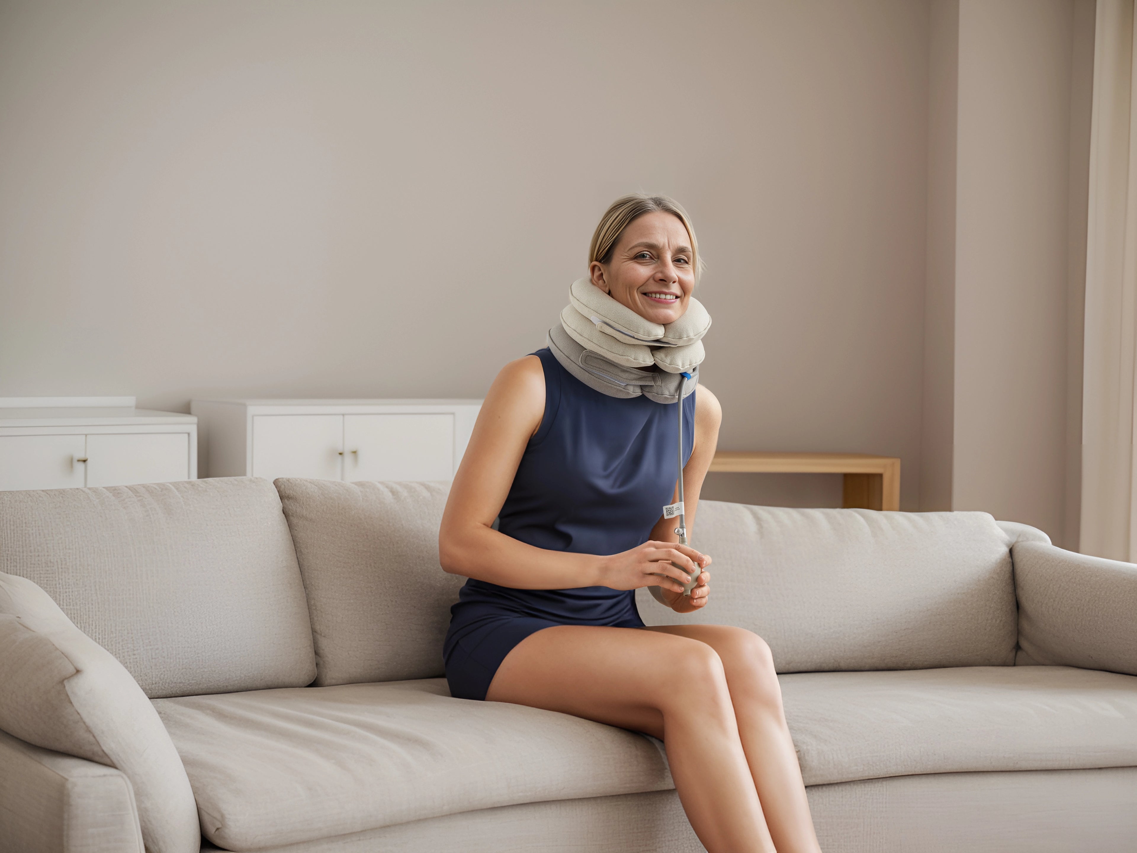 cervical traction device A middle-aged and elderly woman is sitting on the sofa